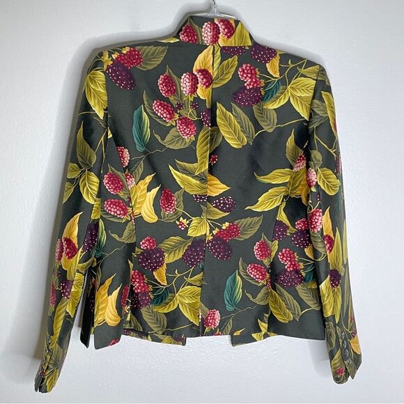 Linda Allard Ellen Tracy Green Silk Berry Print Button Up Blazer Size 10 - Picture 6 of 16